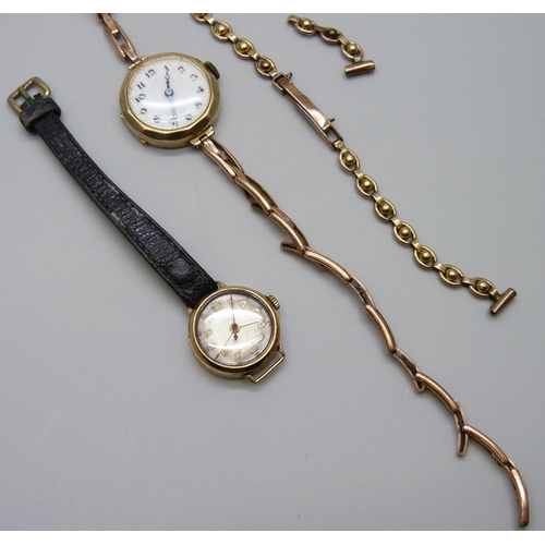 7159 - Two 9ct gold cased lady's wristwatches and two 9ct gold bracelet straps, loose strap 6.6g