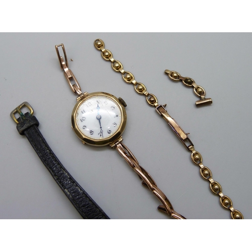 7159 - Two 9ct gold cased lady's wristwatches and two 9ct gold bracelet straps, loose strap 6.6g