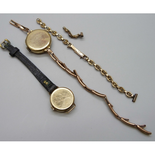 7159 - Two 9ct gold cased lady's wristwatches and two 9ct gold bracelet straps, loose strap 6.6g