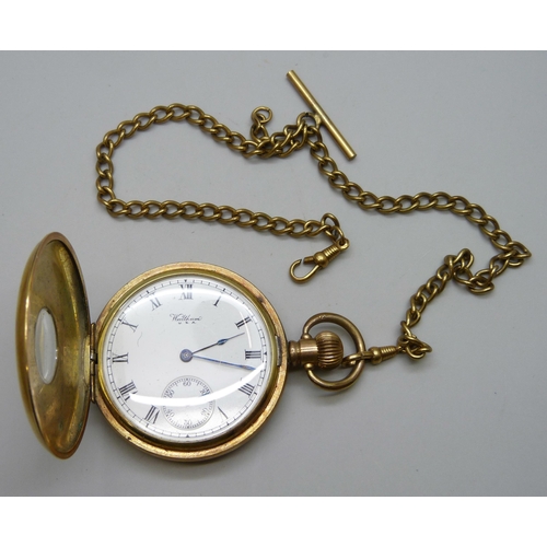 7172 - A Waltham gold plated half-hunter pocket watch with Albert chain, Star Dennison case