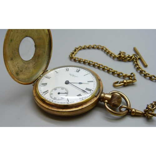 7172 - A Waltham gold plated half-hunter pocket watch with Albert chain, Star Dennison case