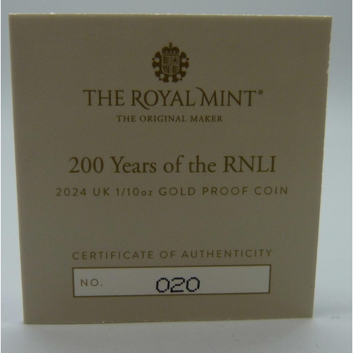 7190 - A gold 200 Years of Anniversary of RNLI 2024 UK 1/10oz UK coin, number 20 out of 510