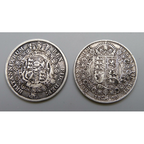 7204 - Coins; Two silver half crowns, George III, 1817, Bullhead, Victoria 1890, Jubilee Head