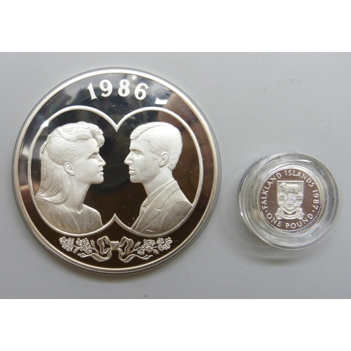 7206 - Coins; Falkland Islands Silver Proofs, 1986 Royal Wedding £25 (150g 92.5 silver, over 5oz) with COA,... 