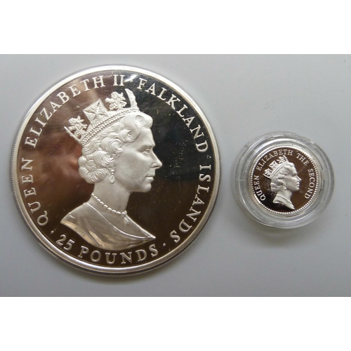 7206 - Coins; Falkland Islands Silver Proofs, 1986 Royal Wedding £25 (150g 92.5 silver, over 5oz) with COA,... 