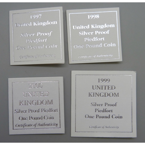 7207 - Coins; Royal Mint Silver Proof £1 Piedfort set of 4 with COA, 1997/1998/1999/2000