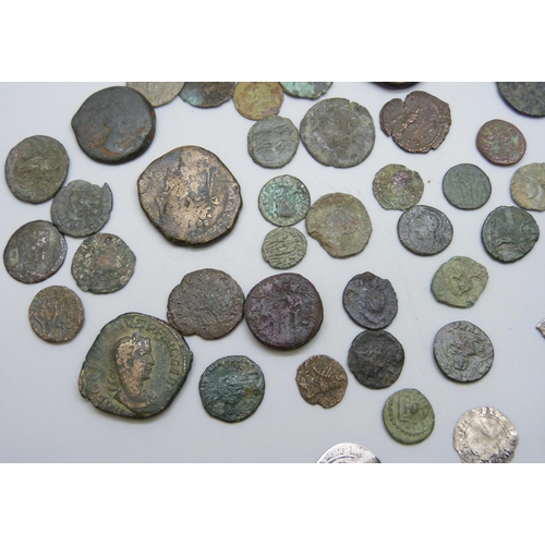 7215 - A tin of Roman coins, including Hadrian Elizabeth I silver coins, cartwheel twopences & 1849 Portuga... 