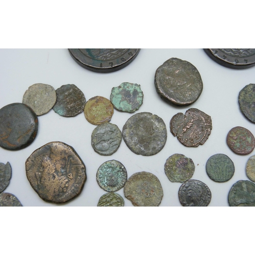 7215 - A tin of Roman coins, including Hadrian Elizabeth I silver coins, cartwheel twopences & 1849 Portuga... 