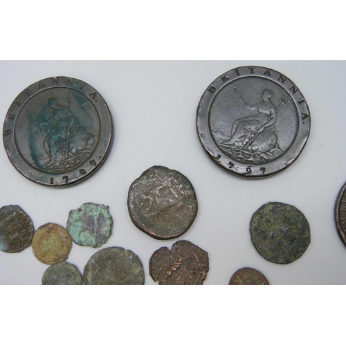 7215 - A tin of Roman coins, including Hadrian Elizabeth I silver coins, cartwheel twopences & 1849 Portuga... 