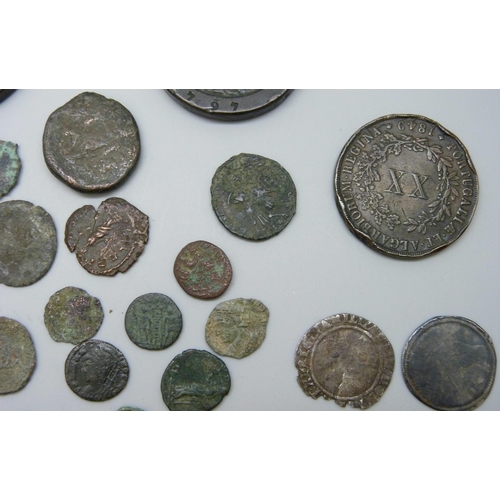 7215 - A tin of Roman coins, including Hadrian Elizabeth I silver coins, cartwheel twopences & 1849 Portuga... 