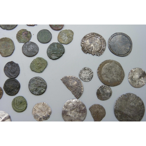 7215 - A tin of Roman coins, including Hadrian Elizabeth I silver coins, cartwheel twopences & 1849 Portuga... 