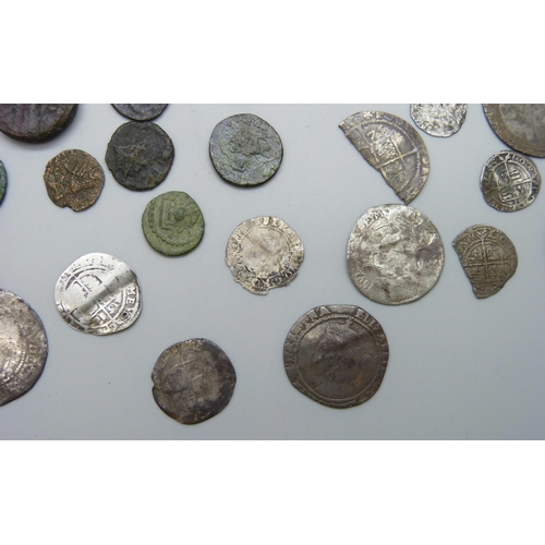 7215 - A tin of Roman coins, including Hadrian Elizabeth I silver coins, cartwheel twopences & 1849 Portuga... 