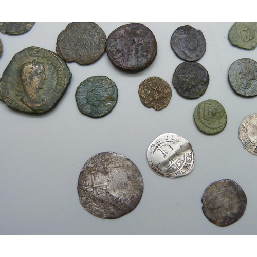 7215 - A tin of Roman coins, including Hadrian Elizabeth I silver coins, cartwheel twopences & 1849 Portuga... 