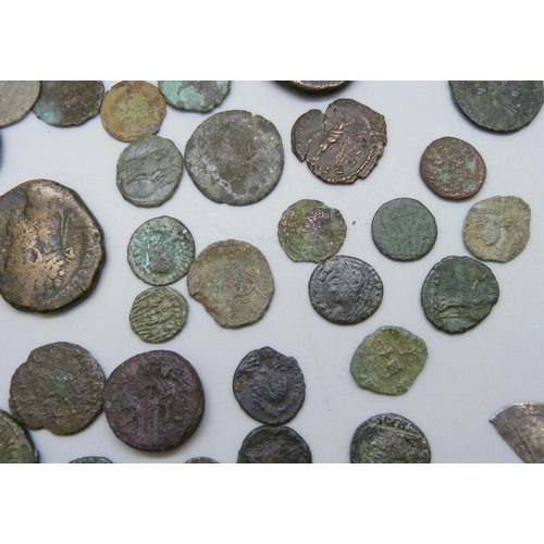 7215 - A tin of Roman coins, including Hadrian Elizabeth I silver coins, cartwheel twopences & 1849 Portuga... 