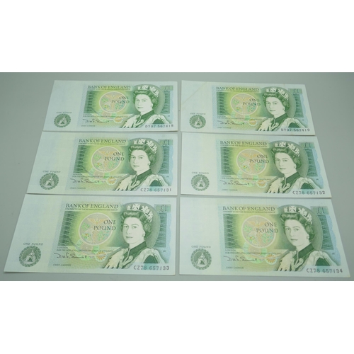 7222 - Six unused £1 notes