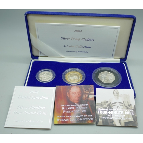 7223 - The Royal Mint 2004 Silver Proof Piedfort three coin collection, £1 coin, Forth Rail Bridge, £2 coin... 