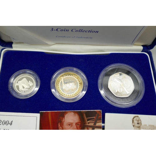 7223 - The Royal Mint 2004 Silver Proof Piedfort three coin collection, £1 coin, Forth Rail Bridge, £2 coin... 