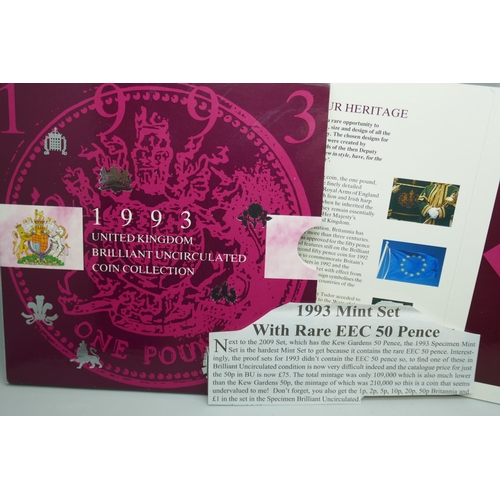 7224 - The Royal Mint 1993 UK brilliant uncirculated coin collection, 8 coins with The Rare EEC 50 pence, (... 