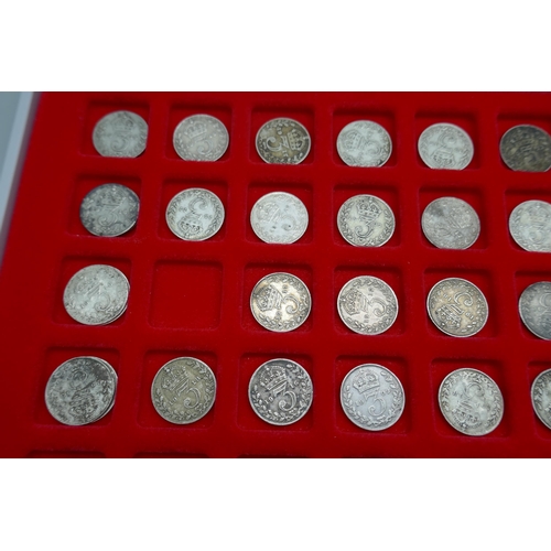 7225 - A collection of pre 1920 silver 3d in Linder tray (99 coins)