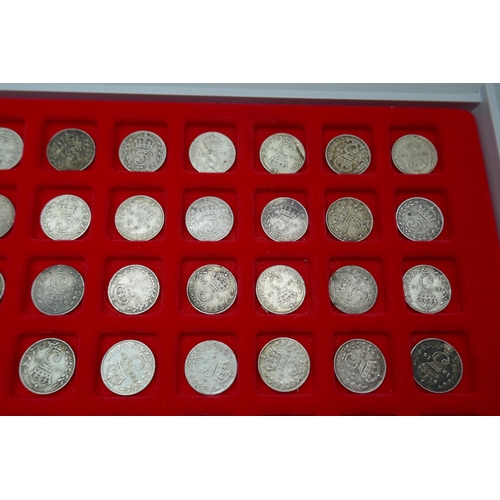 7225 - A collection of pre 1920 silver 3d in Linder tray (99 coins)