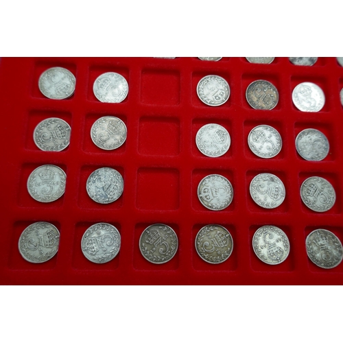 7225 - A collection of pre 1920 silver 3d in Linder tray (99 coins)