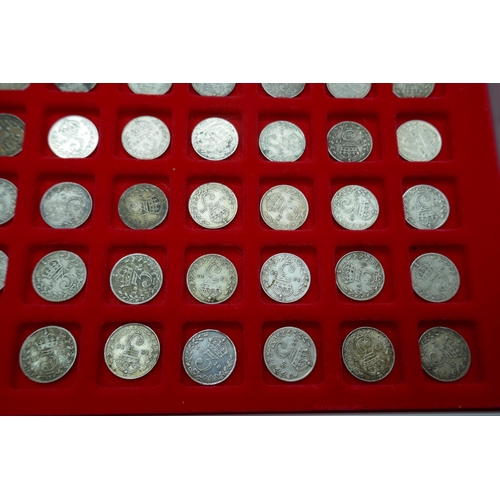 7225 - A collection of pre 1920 silver 3d in Linder tray (99 coins)