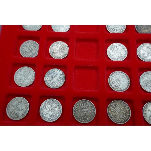 7225 - A collection of pre 1920 silver 3d in Linder tray (99 coins)