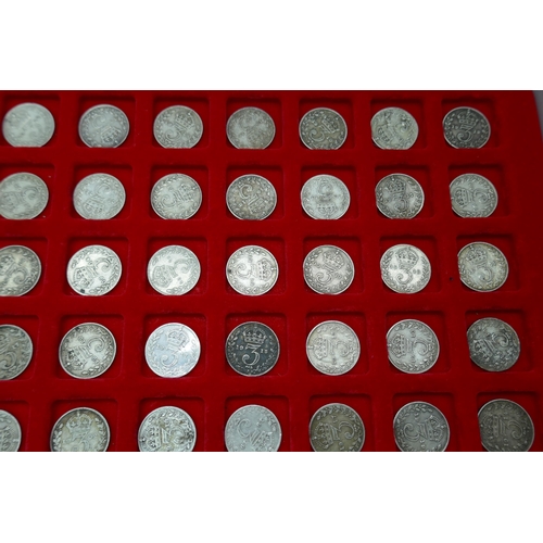 7226 - A collection of pre 1920 silver 3d in Linder tray (99 coins)