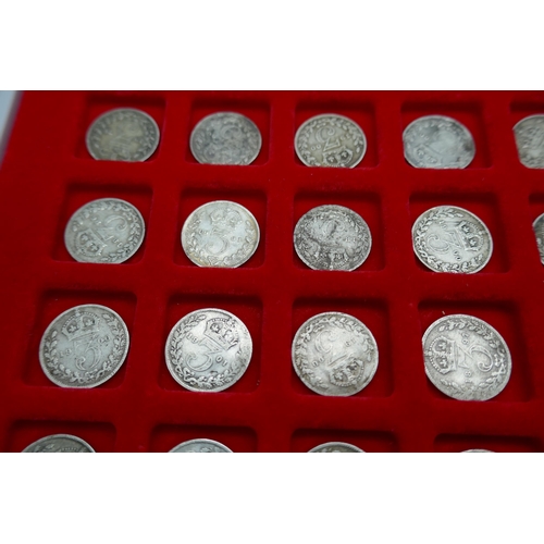 7226 - A collection of pre 1920 silver 3d in Linder tray (99 coins)