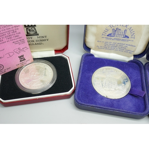 7228 - A set of five Tower Mint 1978-82 medallions, boxed, a silver proof Pobjoy mint Queen Mother Crown, 3... 