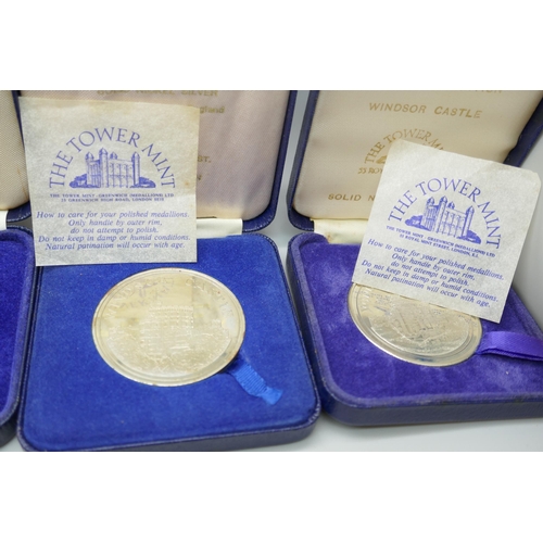 7228 - A set of five Tower Mint 1978-82 medallions, boxed, a silver proof Pobjoy mint Queen Mother Crown, 3... 