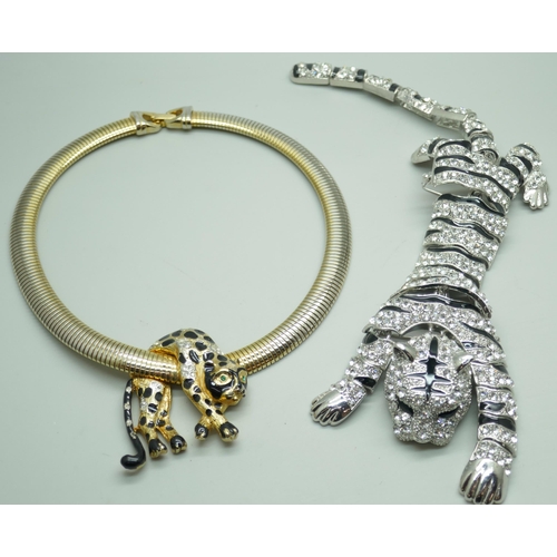 7236 - A statement tiger brooch signed BO, 26cm, and a leopard necklace