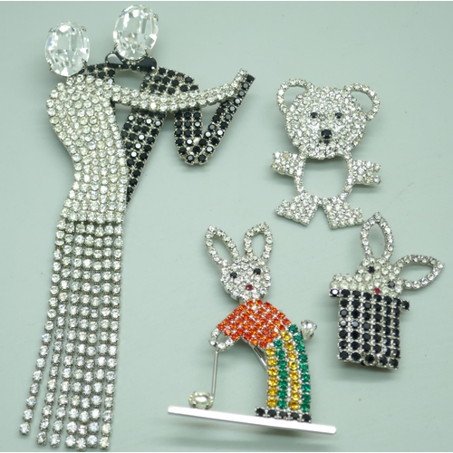 7241 - Butler & Wilson jewellery - a dancing couple brooch, two other brooches, and an unmarked costume bro... 