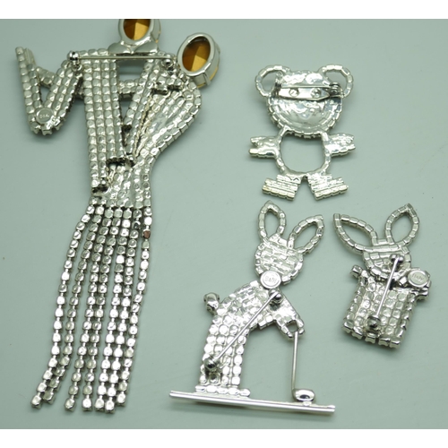 7241 - Butler & Wilson jewellery - a dancing couple brooch, two other brooches, and an unmarked costume bro... 