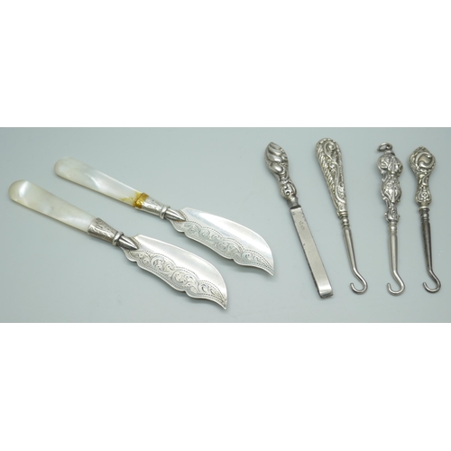 7251 - Two silver and mother of pearl preserve knives, one handle re-glued, and four silver handled items