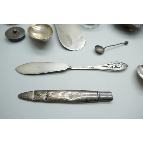 7257 - A collection of silver items including teaspoons, two dishes, sugar tongs, pots, etc., 196g of silve... 