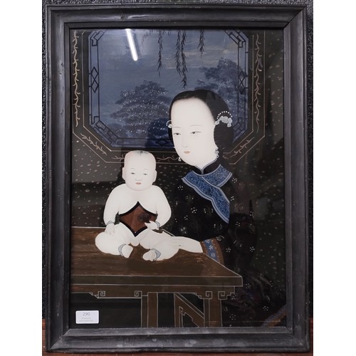 290 - Chinese School, reverse painting on glass, depicting mother and baby, framed