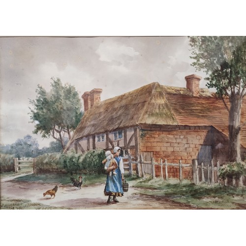 292 - J. Cooke, rural landscape with mother and child, watercolour, framed