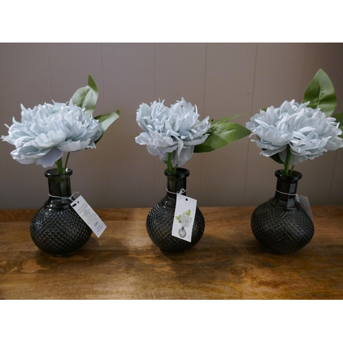 3049 - Three artificial duck egg blue Peony’s in ball vases, H 23cms (58928001)   #