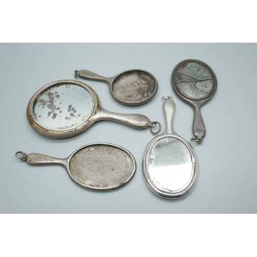 7261 - Five silver miniature mirrors, a/f, largest 8.7cm