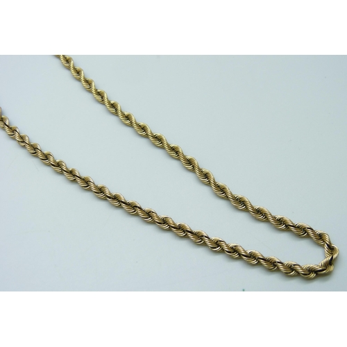 7015 - A 9ct gold rope twist chain, the end link set with a small diamond, 17.6g, 47.5cm