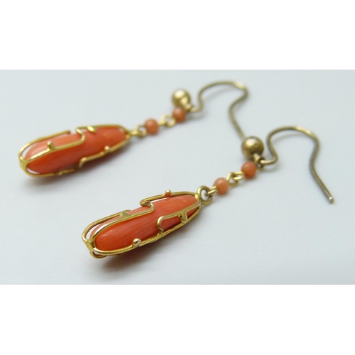 7020 - A 19th Century yellow metal and coral ring, 1.5g, J, and a pair of gilt earrings also set with coral