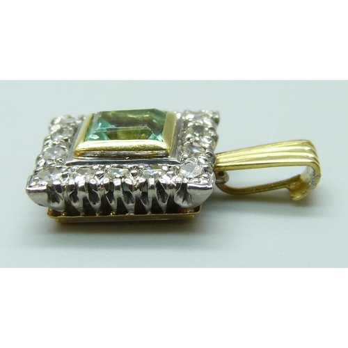 7027 - A yellow metal, diamond and green tourmaline cluster pendant, 4.4g, 2cm including bale