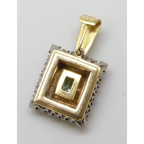 7027 - A yellow metal, diamond and green tourmaline cluster pendant, 4.4g, 2cm including bale