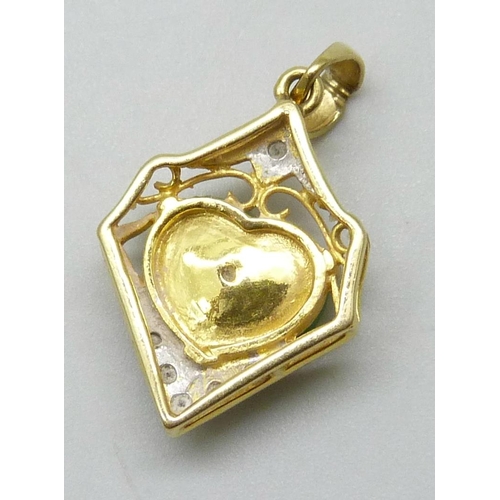 7051 - A yellow metal set heart shaped jade and diamond pendant, stamped 850 to the bale, 3.5g, 2.5cm inclu... 