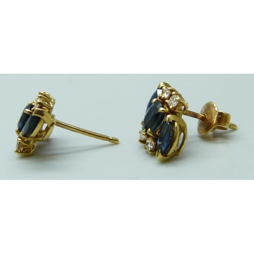 7079 - A pair of yellow metal, sapphire and diamond earrings, the butterfly marked 750 for 18ct, 2.9g, 1.3c... 