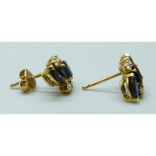 7079 - A pair of yellow metal, sapphire and diamond earrings, the butterfly marked 750 for 18ct, 2.9g, 1.3c... 