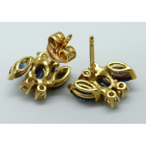 7079 - A pair of yellow metal, sapphire and diamond earrings, the butterfly marked 750 for 18ct, 2.9g, 1.3c... 