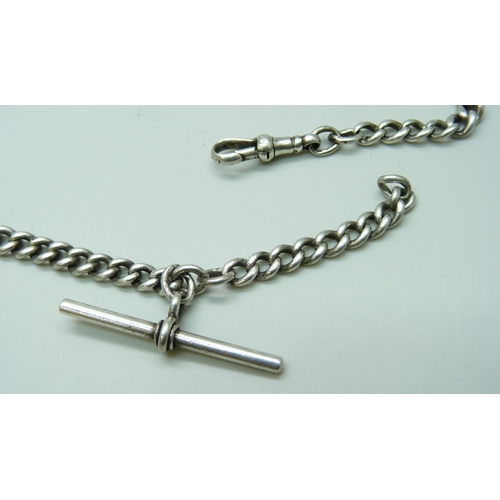 7088 - A silver graduated curb link Albert watch chain, 49.8g, 35cm from clip to T bar