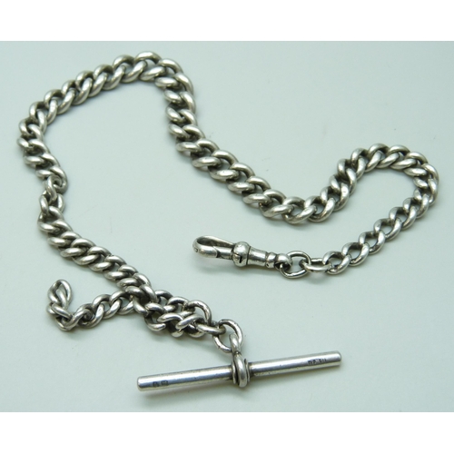 7088 - A silver graduated curb link Albert watch chain, 49.8g, 35cm from clip to T bar